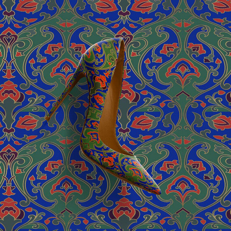 Womens Pointed-Toe Shallow-Mouth Vintage Pattern Stiletto Heels