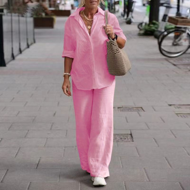 Lapel-collar Long-sleeve Shirt Casual Solid-color Pants Wide-leg Set