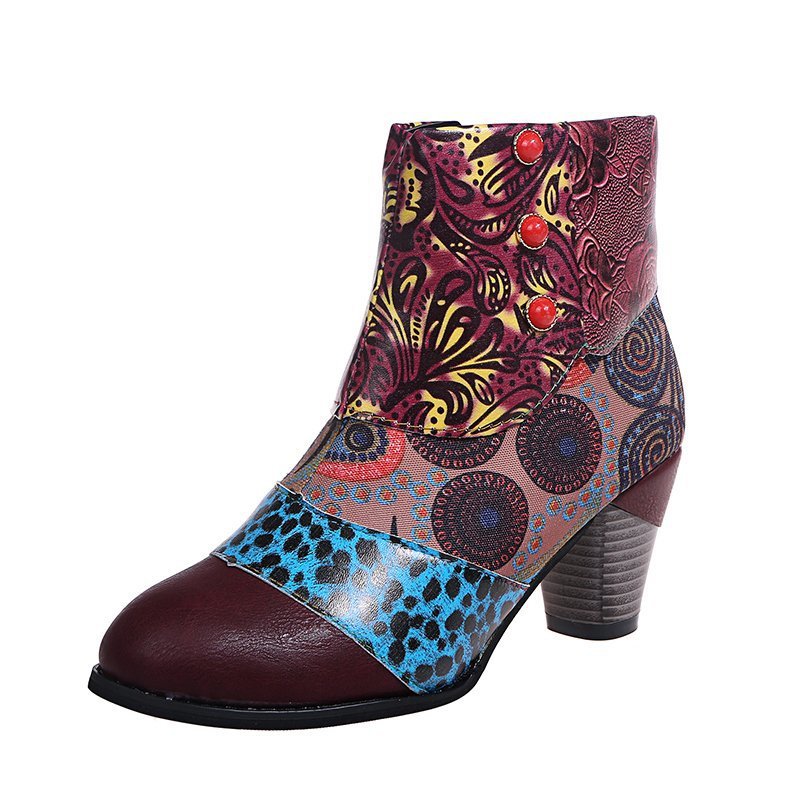 Fashion Thick-Heeled Ethnic Style Stitching Martin Boots