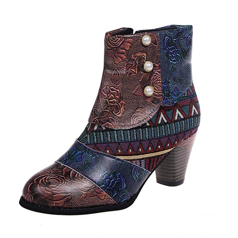 Fashion Thick-Heeled Ethnic Style Stitching Martin Boots