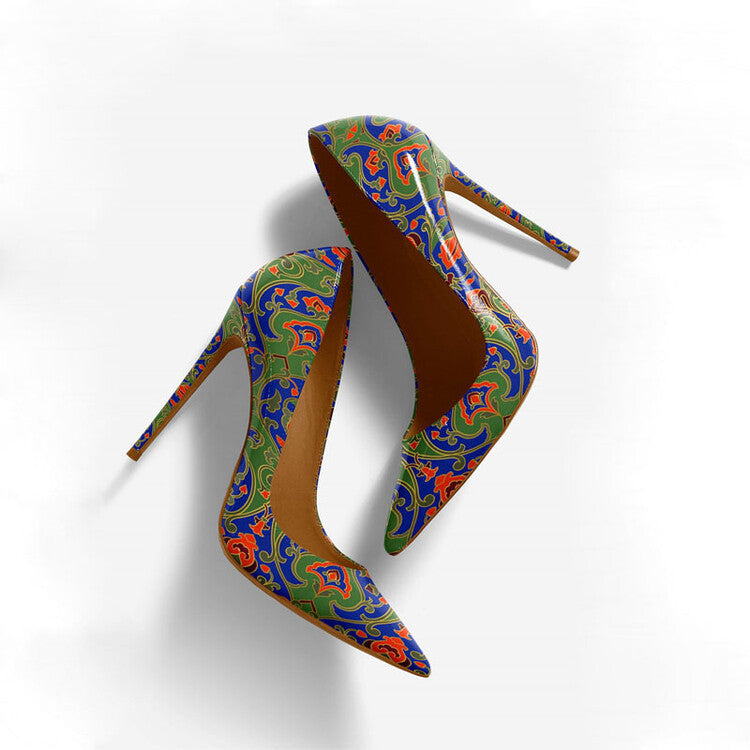 Womens Pointed-Toe Shallow-Mouth Vintage Pattern Stiletto Heels