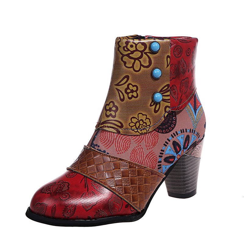 Fashion Thick-Heeled Ethnic Style Stitching Martin Boots