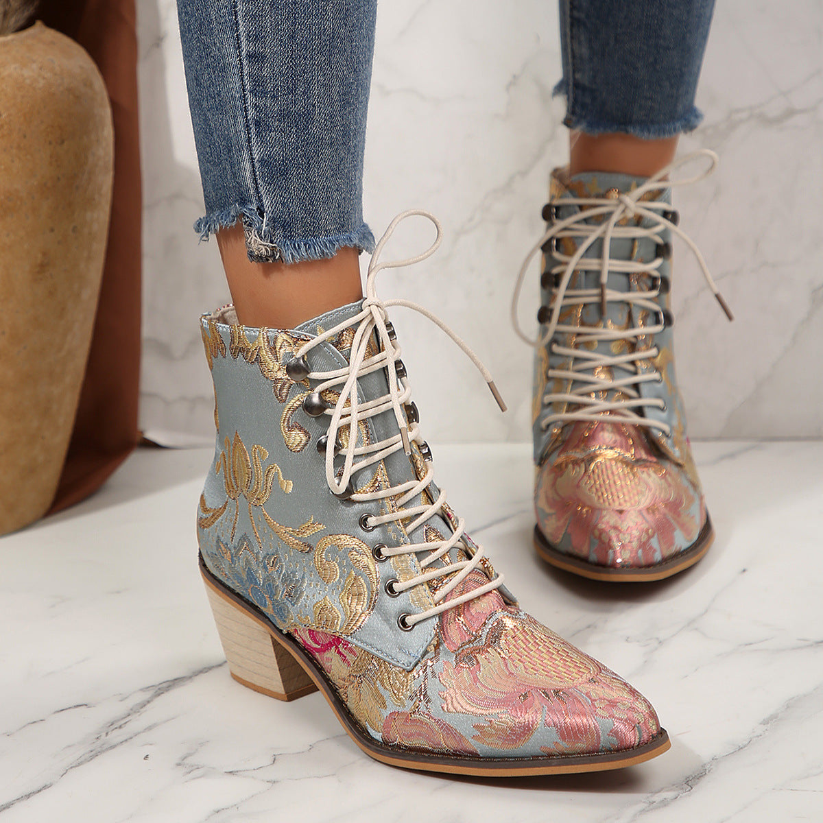 Large Size Ethnic Style Embroidered High Heel Lace-up Ankle Boots
