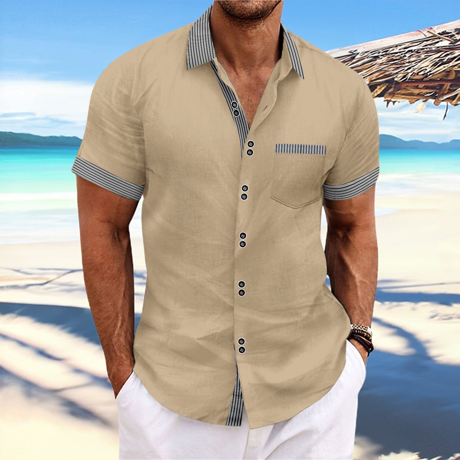Striped Double Button Short Sleeve Casual Shirt