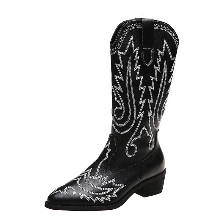 Women's Low Heel Sleeve Western Embroidered Round Toe Boots