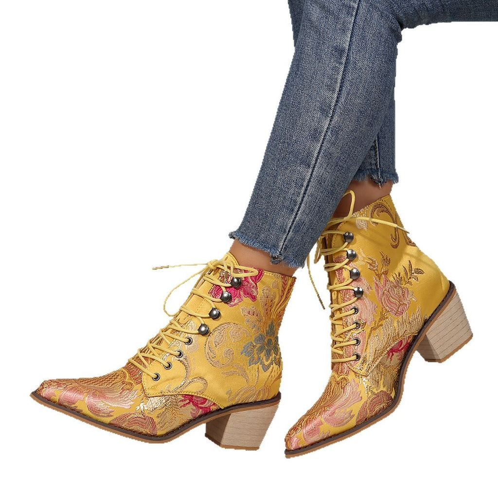 Large Size Ethnic Style Embroidered High Heel Lace-up Ankle Boots