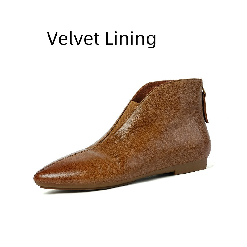 Retro Low-heeled Leather Ankle Boots With A Back Zipper