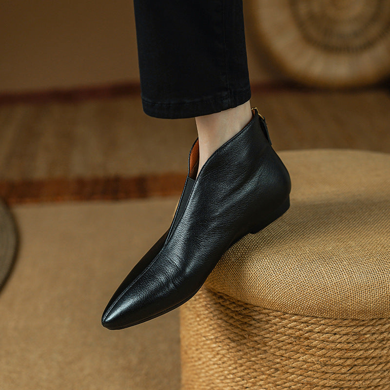 Retro Low-heeled Leather Ankle Boots With A Back Zipper