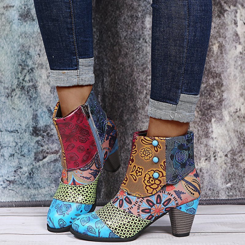 Fashion Thick-Heeled Ethnic Style Stitching Martin Boots