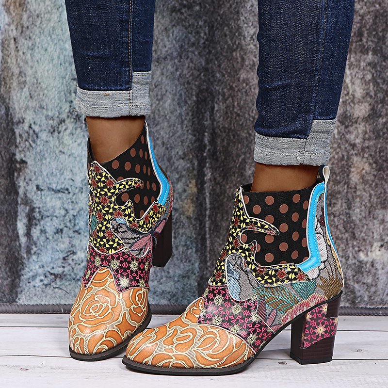 Fashion Thick-Heeled Ethnic Style Stitching Martin Boots
