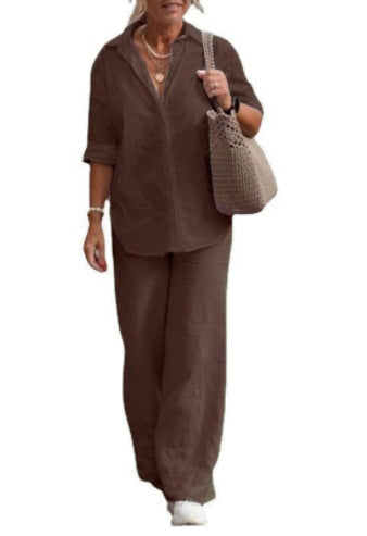 Lapel-collar Long-sleeve Shirt Casual Solid-color Pants Wide-leg Set