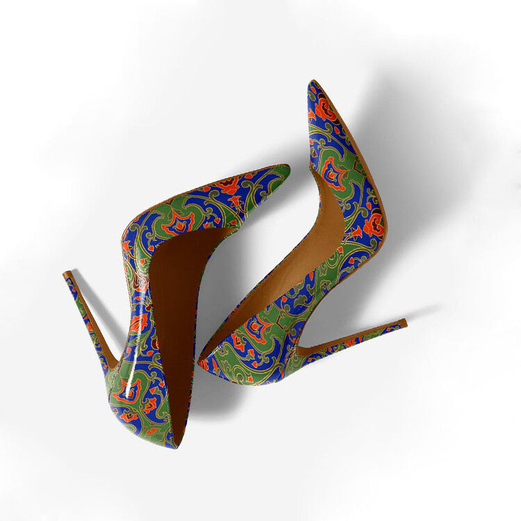 Womens Pointed-Toe Shallow-Mouth Vintage Pattern Stiletto Heels