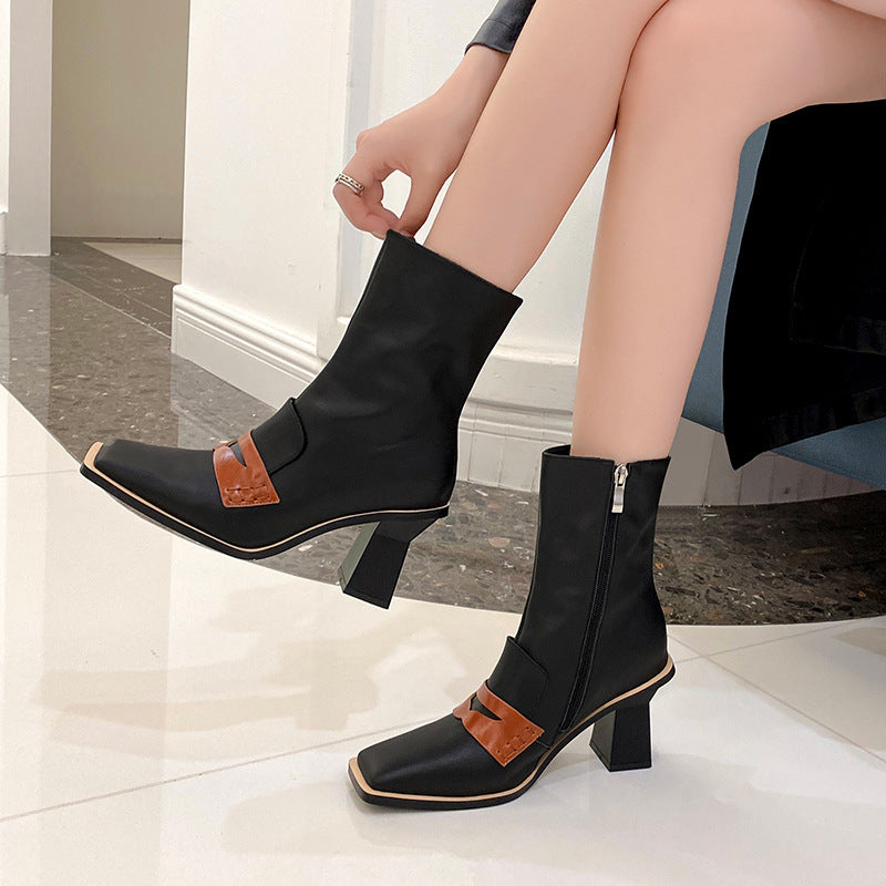 Thick-heeled Square-toed Boots Cowhide Retro Fashion All-match Leather Boots