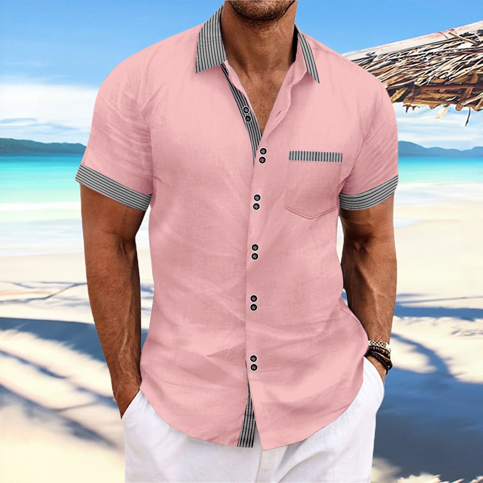 Striped Double Button Short Sleeve Casual Shirt
