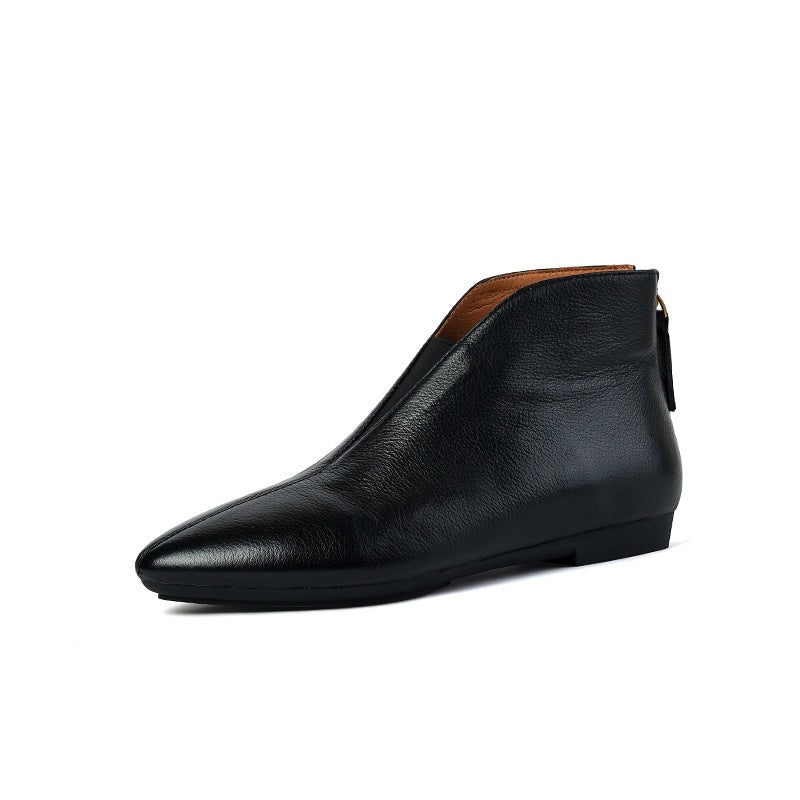 Retro Low-heeled Leather Ankle Boots With A Back Zipper