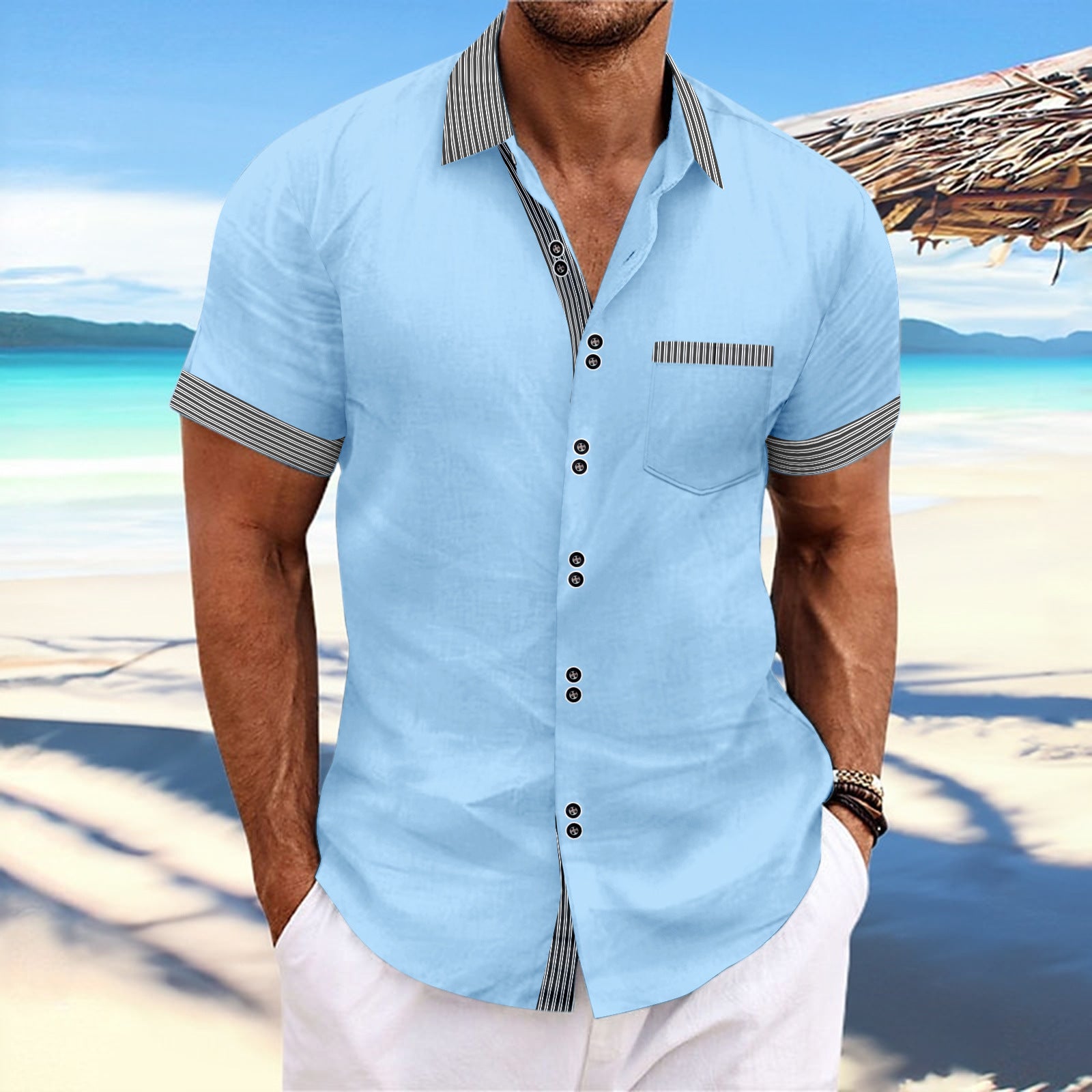 Striped Double Button Short Sleeve Casual Shirt
