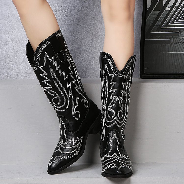 Women's Low Heel Sleeve Western Embroidered Round Toe Boots