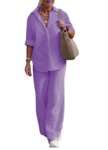 Lapel-collar Long-sleeve Shirt Casual Solid-color Pants Wide-leg Set