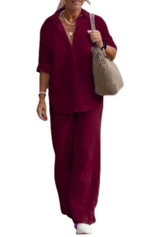 Lapel-collar Long-sleeve Shirt Casual Solid-color Pants Wide-leg Set