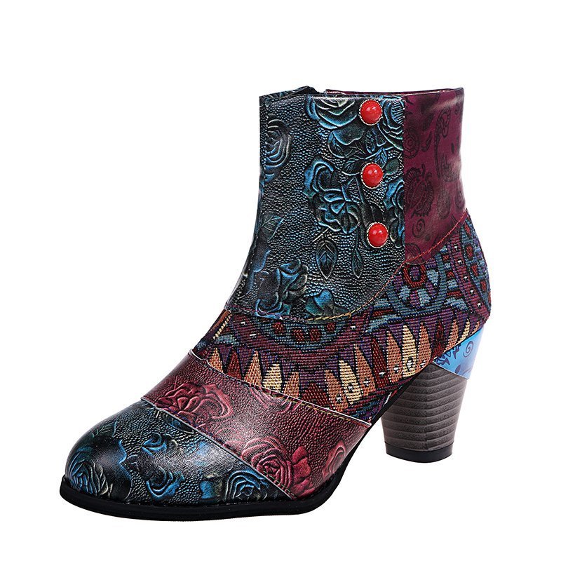 Fashion Thick-Heeled Ethnic Style Stitching Martin Boots