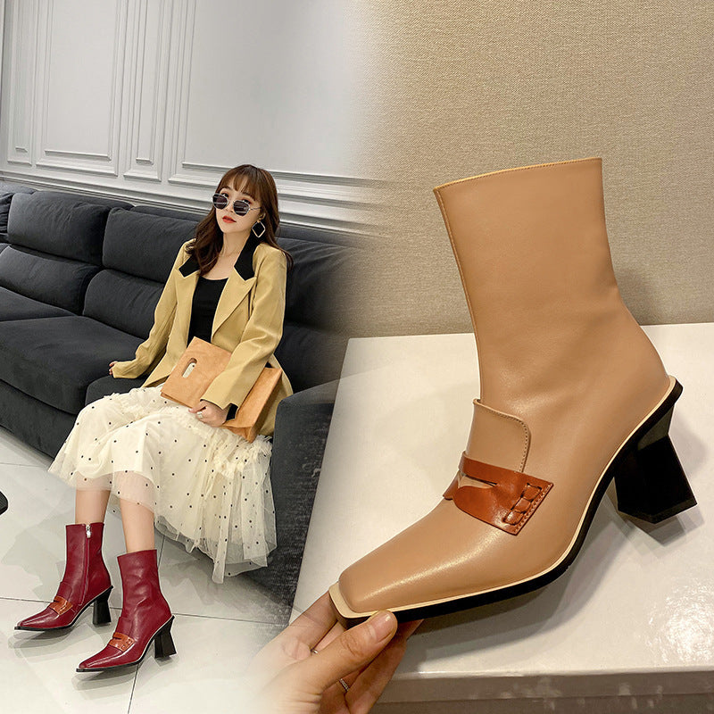 Thick-heeled Square-toed Boots Cowhide Retro Fashion All-match Leather Boots
